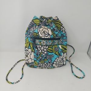 Vera Bradley Island Blooms Drawstring Ditty Backpack Blue Green Floral Hippie